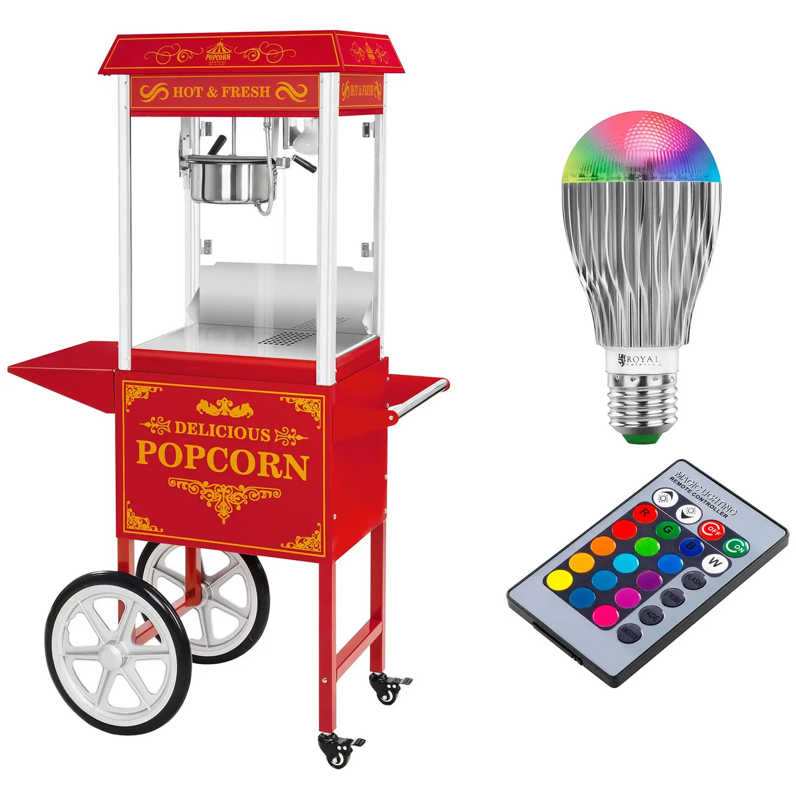 Popcornmaskin med vogn og LED-belysning i Retro-design - rød