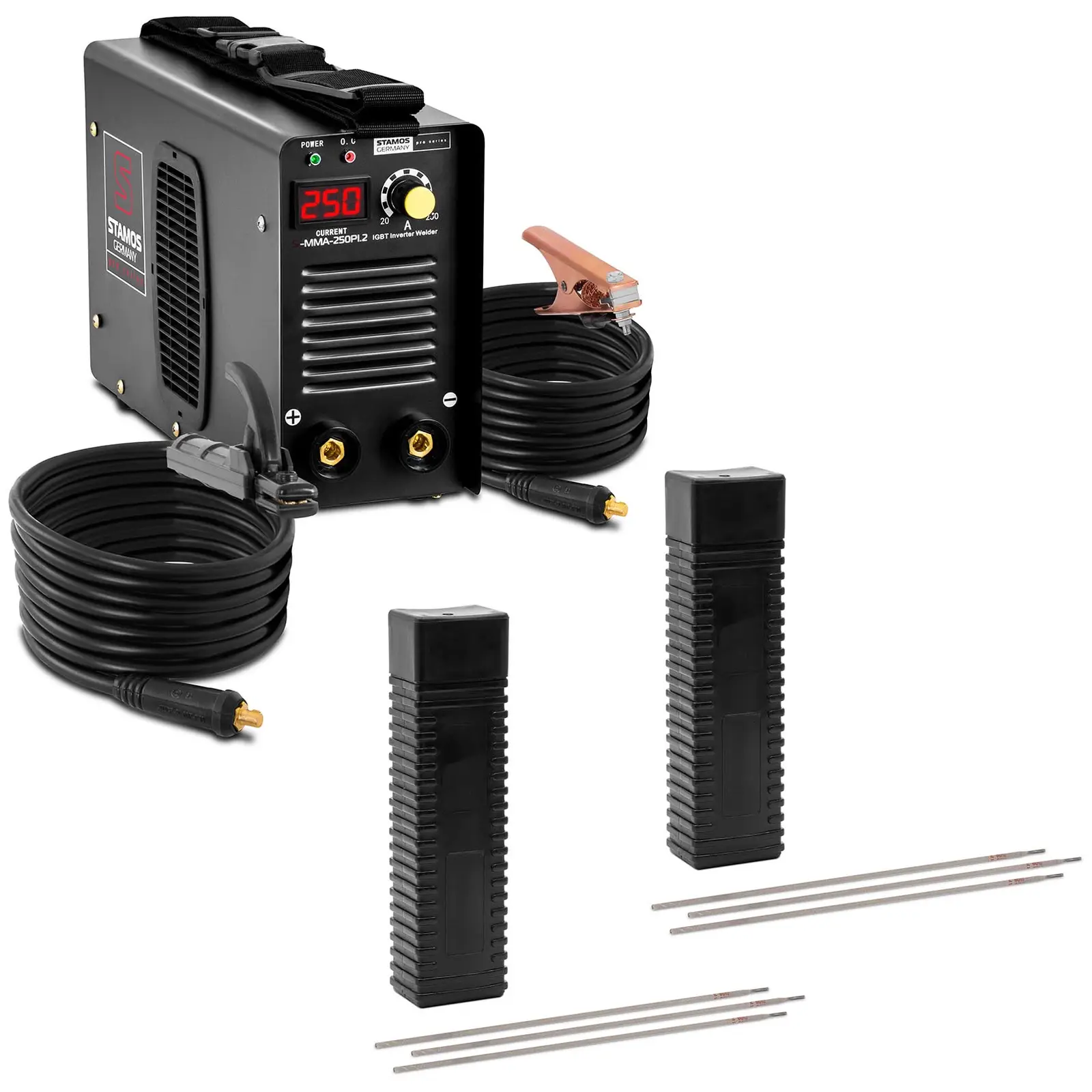 Sveisesett Elektrodesveiser - 250 A - 8 m kabel - 60 % Duty Cycle - Elektroder E6013 - Rutil cellulose - Ø 3,2 x 350 mm - 2 x 5 kg